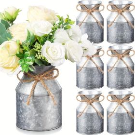 6pcs 5.12 Inch Rustic Cast Iron Milk Can Vases with Twine Bow - Farmhouse Bohemian Round Cylindrical Vase Suitable for Wedding Centerpieces