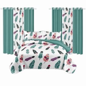 9 Piece Room In A Bag Quilt And Curtain Set, US Designer Boho Feather Print Heavyweight Bedspread With 6 Customizable Window Panels, Pet-Friendly (Option: King)