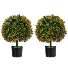 2-Pack 22" Artificial Topiary Ball Tree - 15" Boxwood Balls+Orange Fruits, PE/PVC+Cement, Green+Orange (Option: defaulttitle)