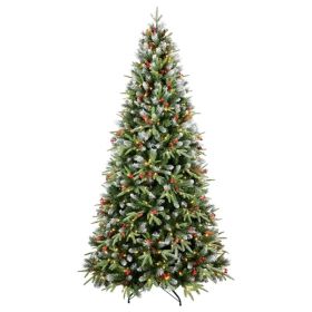Artificial 7ft Green LED-lit Christmas Tree With 2178PE/PVC Mixed Branch Tips,Red Fruit And Pine Cone,Hinged Premium & Foldable Base For Indoor H (Option: defaulttitle)