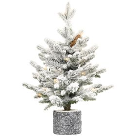 Artificial 2ft Decorated Flocking Basin Tree With 189 PE/PVC Mixed Branch Tips, Pine Cone *3, 30L Wram White Light, Holiday Decorating (Option: defaulttitle)